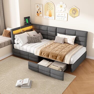 М&39яке ліжко 90x200 см, односпальне ліжко з місцем для зберігання речей, диван-ліжко з 2 шухлядами, кушетка зі світлодіодним підсвічуванням та USB, дитяче ліжко з рейковим каркасом, лляне, без матраца (сірий, 90 x 200 см) Сірий 90 x 200 см