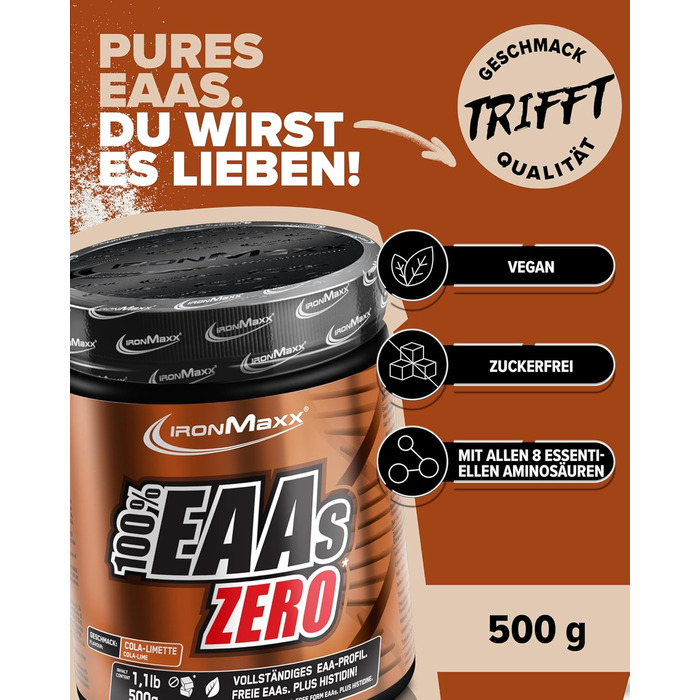 Порошок з високою дозою EAA IronMaxx Zero Cola & Lime 500, веганський та без цукру, Кола-Лайм, 500 г