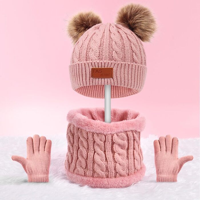 Дитячий зимовий комплект 3-в-1 шапка, шарф та рукавички, термов&39язана шапка, шарф та рукавички, на флісовій підкладці, зимові аксесуари для хлопчиків та дівчаток віком 1-5 років, рожевий