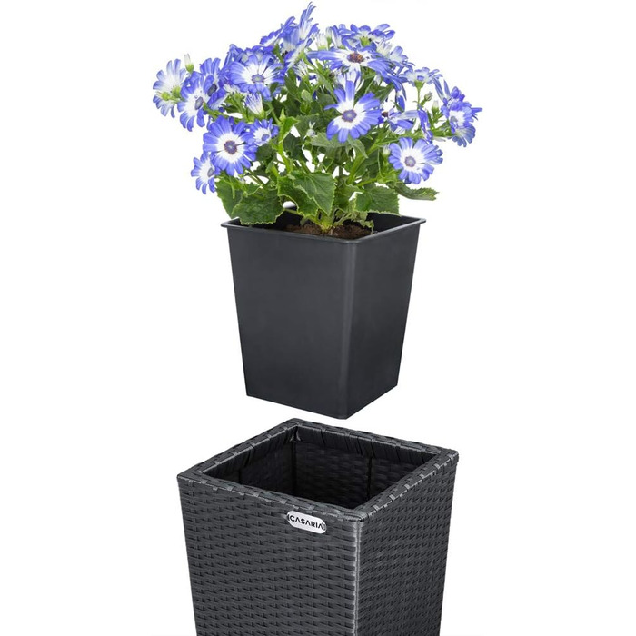 Набір із 3 квіткових горщиків Casaria, плетіння з поліратану, кашпо з водостічкою, вигляд ротанга, садове горщик для вулиці, квіткова коробка, чорний
