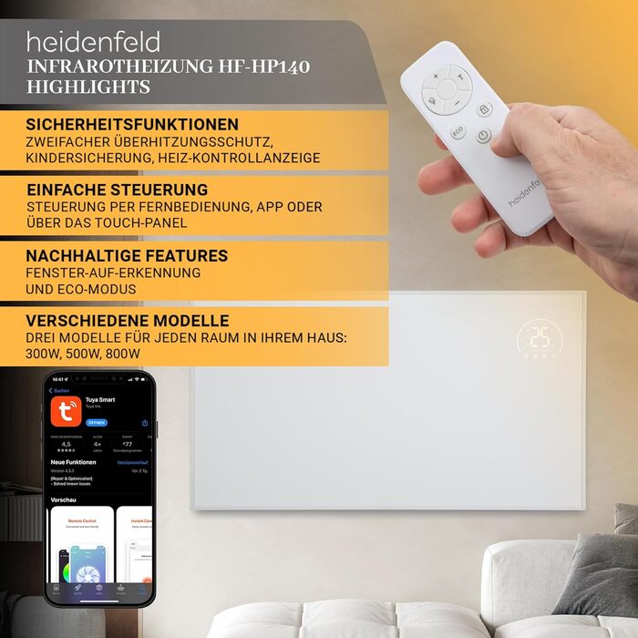 Інфрачервоний обігрівач Heidenfeld HF-HP140 800 Вт для площі до 20 м 3-в-1 керування через додаток Дистанційне керування Сенсорна панель керування Портативний електричний обігрівач Інфрачервоний радіатор з термостатом (HF-HP140 800 Вт)