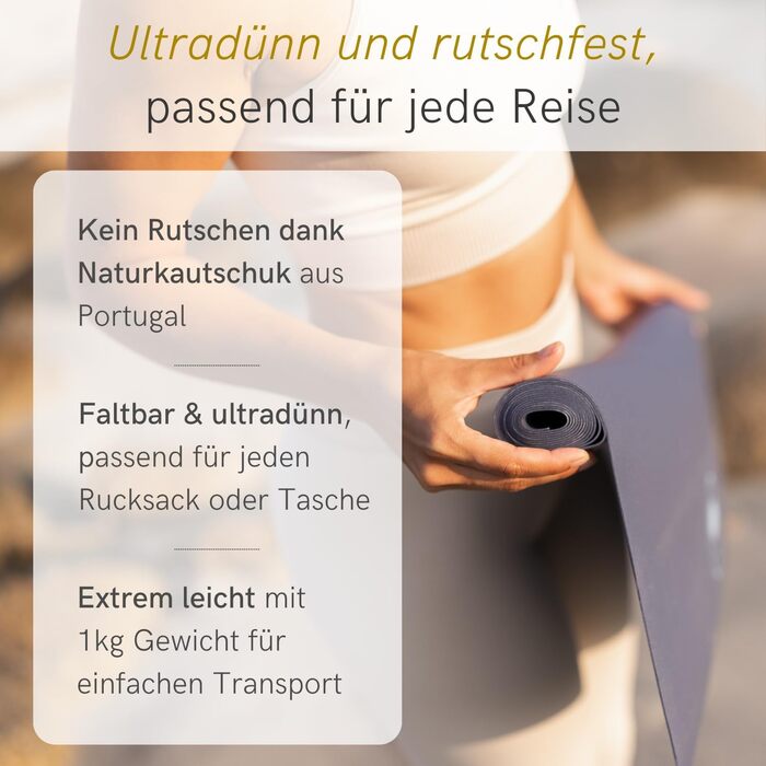Килимок для йоги Lotuscrafts, тонкий та складаний, виготовлений з натурального каучуку, зроблено в Іспанії, легкий дорожній килимок вагою 1 кг, 185 x 65 x 0,13 см, тонкий килимок для йоги для використання в дорозі, колір індиго
