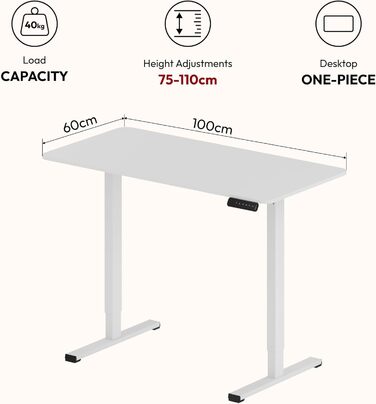 Письмовий стіл з регульованою висотою 10060 см із суцільною стільницею компактний стіл для роботи стоячи та сидячи для невеликих приміщень, ергономічний та стильний, білий 100 x 60 см білий