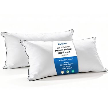 Набір з 2 пухових подушок Dafinner, 3 камери, 40 80 см Зовнішня камера 90 пух Внутрішня камера суміш пера Oeko-TEX Нижня пропускна здатність Середня підтримка Органічна бавовна 40 80 см, 2 шт.