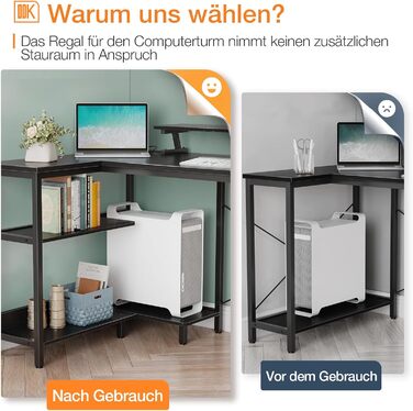 Ігровий стіл ODK L-подібної форми, 120x80 см L-подібний стіл з двосторонньою полицею, кутовий стіл із портом зарядки USB та розеткою, кутовий стіл із підставкою для монітора для офісу, домашній офіс, чорний 120x80 см