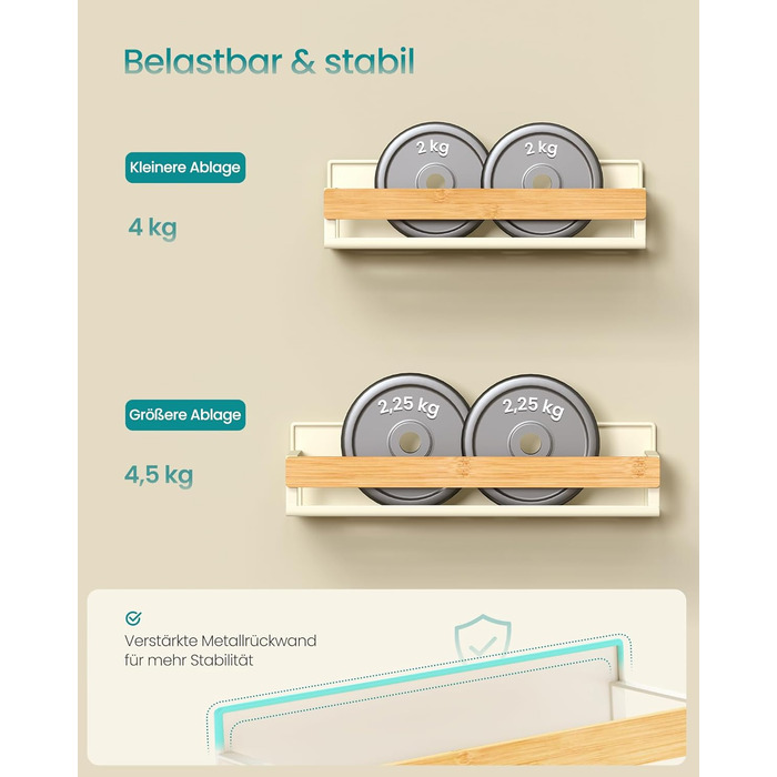 Магнітна полиця для спецій SONGMICS, набір з 4 шт. , 2 великі та 2 малі полиці, органайзер для спецій без свердління, магнітна полиця, для кухні, холодильника, мікрохвильової печі, пральної машини, кремово-білий-натуральний бежевий KCS062WD01 Кремово-біли