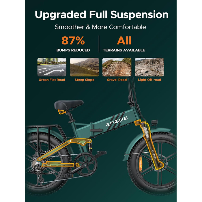 Чоловічий складний електровелосипед ENGWE E-Bike з товстими шинами 20x4.0 дюймів, знімним акумулятором 16Ah, великим запасом ходу до 150 км/110 км, повною підвіскою, 8 швидкостей, двигуном Engine Pro/Engine Pro 2.0 Black YS-9043-1 ENGINE Pro 2.0