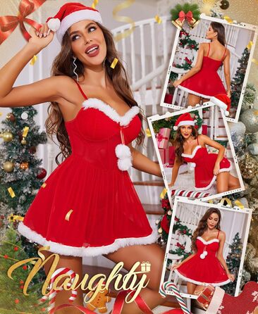 Різдвяна білизна RSLOVE для жінок - пеньюар з помпонами зі штучного хутра, костюм Санта-Клауса, сексуальна білизна на Різдво, розмір L, червоний