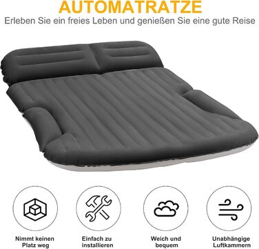 Автомобільний матрац KMZ, 2 подушки, надувний матрац для автомобіля, двосторонній потовщений флокований автомобільний матрац, надувне ліжко для багажника та заднього сидіння, темно-сірий