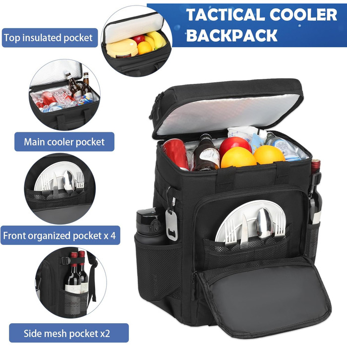 Сумка-холодильник на 42 банки, великий рюкзак-холодильник, тактична ізольована сумка для ланчу, сумка для пікніка на пляжі, барбекю, кемпінгу, чорна