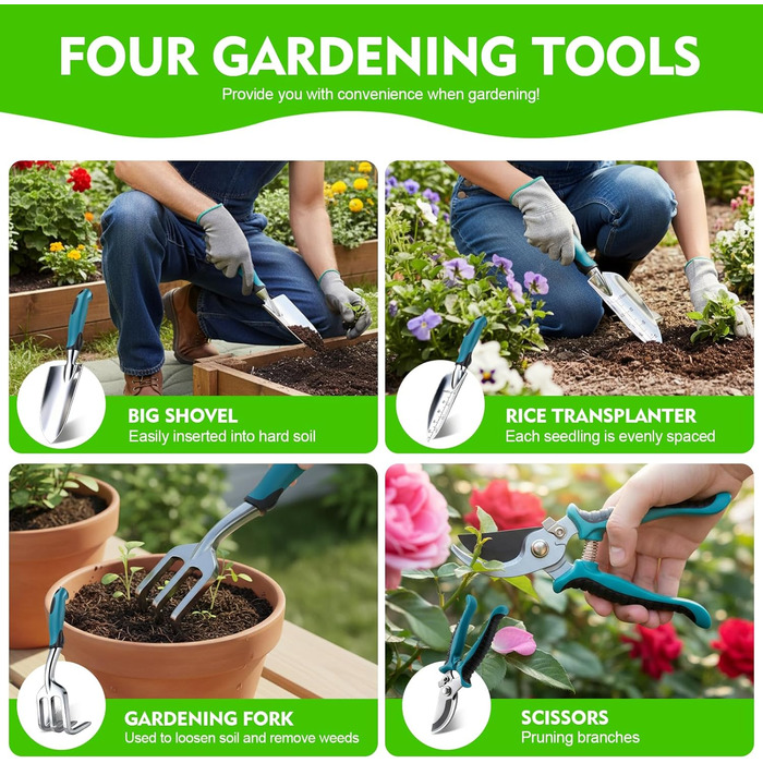 Набір садових інструментів Gartenwerk 7 предметів з рукавичками та сумкою для зберігання, ергономічні ручки з антиковзким покриттям, садовий набір для роботи на відкритому повітрі