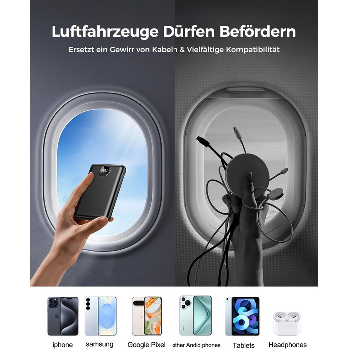 Зовнішній зарядний пристрій, міні-зовнішній зарядний пристрій 22,5 Вт 20000 мАг (вхід та вихід USB-C), зовнішній акумулятор для мобільних телефонів PD 3.0 QC 3.0 зі світлодіодним дисплеєм, сумісний з iPhone 16 15 14 13 чорний 20000 мАг