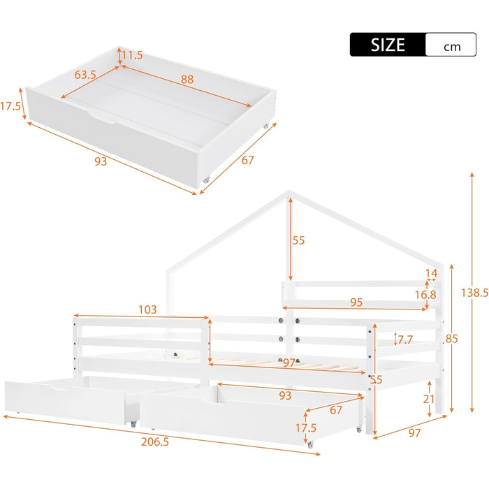 Дитяче ліжко Merax 90x200 см із захистом від падіння, дитяче ліжко-будиночок з шухлядами та полицею для зберігання, міцне дерев&39яне ліжко-будиночок на дереві з рейковою основою, ігрове ліжко для хлопчиків та дівчаток, біле 90 x 200 см, біле з шухлядами