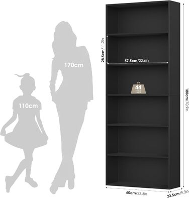 Книжкова полиця FirFurd, дерев&39яна полиця з 6 відділеннями, полиці, книжкова шафа, полиця для зберігання для вітальні, кабінету, виготовлена з дерева, 180 x 60 x 23,5 см, чорна