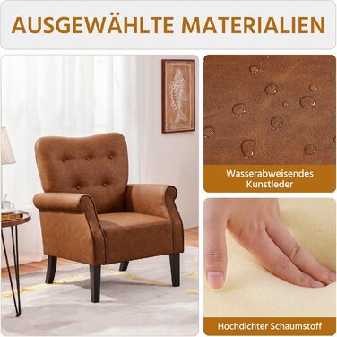 Сучасне крісло Yaheetech з вигнутою спинкою та дерев&39яними ніжками, м&39яке крісло-реклайнер, крісло для телевізора з підлокітниками, одномісний диван, комфортне сидіння, ретро-коричневий колір, поліуретан