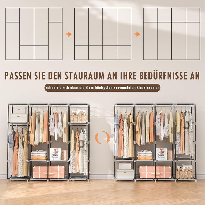 Шафа, тканинна шафа з 4 рейками для одягу, міцна та з 8 відділеннями, складна гардеробна шафа для зберігання одягу в гардеробній спальні (сіра)