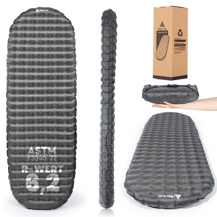 Килимок для сну HIKENTURE 6.2 R-value, надлегкий, товщина 8 см, надувний килимок для сну, кемпінговий повітряний матрац, невеликий розмір у упаковці, 4 сезони, килимок для сну для кемпінгу, відпочинку на природі, походів, сірий 198 см