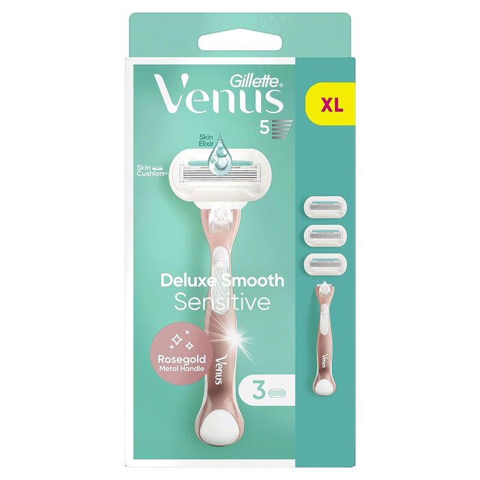 Жіноча бритва Gillette Venus Deluxe Smooth Sensitive Rose Gold, жіноча бритва 3 леза для бритви з 5-кратними лезами, бритва з алмазним покриттям 3 леза