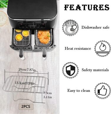 Решітка для гриля для фритюрниці з нержавіючої сталі з папером для випічки 100 шт., сумісна з Ninja Foodi AF300EU AF400EU, набір стійок для зневоднення Dual Zone Air Fryer, аркуші 2xGrill решітка 100 шт. папір для випічки, 2 шт., 304