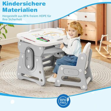 Дитячий стіл та стілець з регульованою висотою, дошкою для малювання та відділенням для зберігання, художній стіл/стіл для учнів з нековзними ніжками, для дітей від 3 років (сірий)