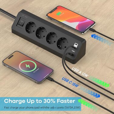 Кутова розетка з 2 USB і 2 Type-C, 4-х секційна розетка з вимикачем, захист від перенапруги з подовжувачем і кабелем 2M для кухні