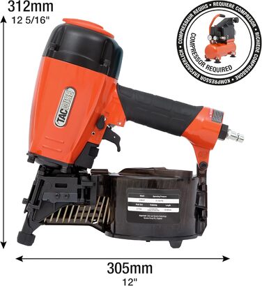 Пневматичний котушковий цвяхозабивач Tacwise HCN65P, використовує плоскі котушкові цвяхи, 32 - 65 мм