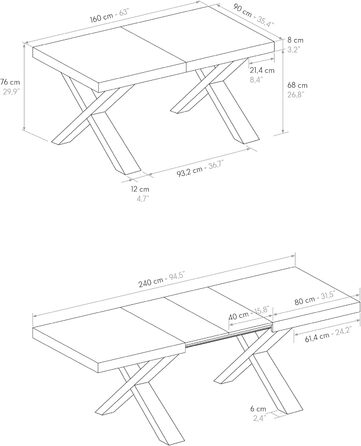 Розсувний стіл Elisa, Стіл для вітальні або кухні, Схрещені ніжки X Чорний, Зроблено в Італії, Рустикальний дуб, 160x90x76 см - id1997 160x90x76 Чорна основа Рустикальний дуб