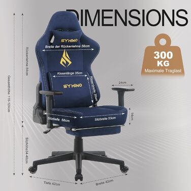 Ігрове крісло Symino з латексною подушкою сидіння, вантажопідйомність 300 кг, ергономічне комп&39ютерне крісло з поперековою опорою та підголівником з піни з ефектом пам&39яті, дихаюче офісне крісло зі штучної замші, темно-синє