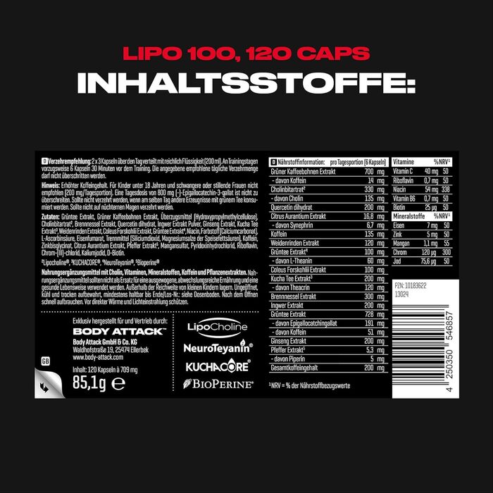Капсули для спалювання жиру Body Attack LIPO 100 - з ліпохліном, 200 мг кофеїну, екстрактом женьшеню та зеленого чаю - додаткові вітаміни групи В та цинк - для тренувань та дієти - виготовлено в Німеччині 120 капсул (1 упаковка)