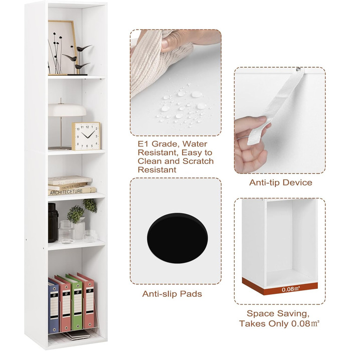 Книжкова полиця WOLTU, відкрита полиця з 5 кубиками, кубічна полиця, роздільник кімнати, полиця для документів, вузька полиця для зберігання, для вітальні, офісу, виготовлена з деревного матеріалу, біла, 30x1526 см, SK034ws 5 полиць (26Г x 30Ш x 151В см) 