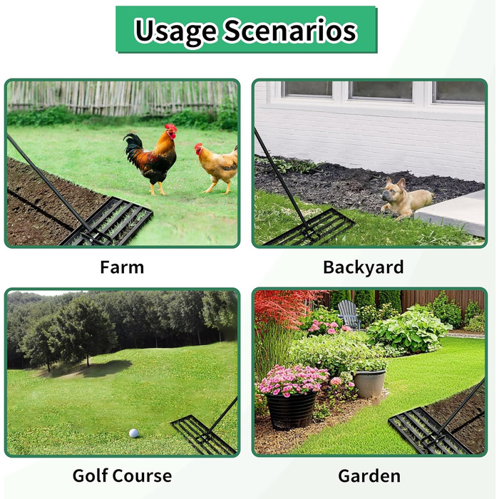 Гребінь для газону Rasen Rakel 75x25 см, міцний вирівнюючий грабель з ергономічною вигнутою ручкою (185 см), ідеально підходить для ґрунту, щебеню, добрив, саду, подвір'я та гольф-поля