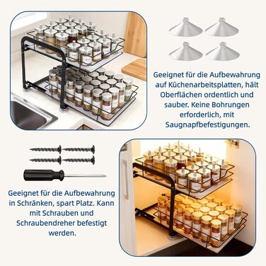 Розсувна 2-рівнева підставка для спецій, стояча шухляда для спецій, регульований по висоті органайзер для спецій з ПВХ-вставкою та присоскою, органайзер для кухонної шафи, стоячий, нековзний (28x24x23 см) 28*24*23