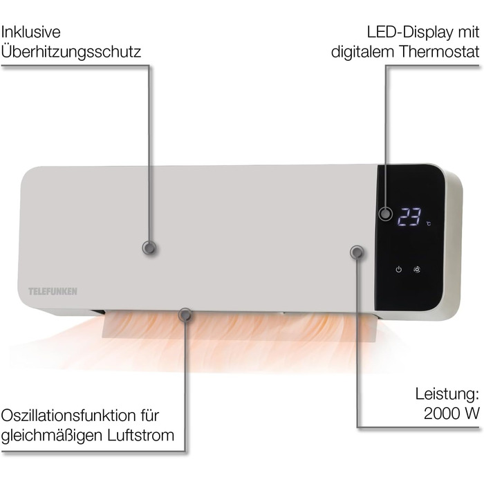 Керамічний настінний вентилятор-обігрівач Telefunken PTCWH-2000W Світлодіодний дисплей з цифровим термостатом та пультом дистанційного керування, функція таймера, коливання, вентилятор, захист від перегріву, 18-45C