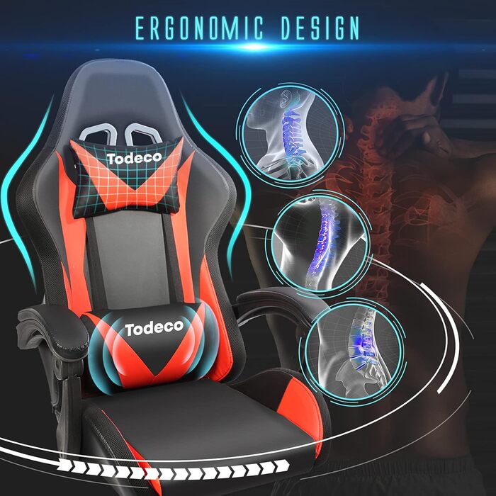 Ігрове крісло Todeco, масажне з підсвічуванням, світлодіодне гоночне крісло, ігрове крісло, ергономічне офісне крісло, регульована спинка, регульована висота, поворотне крісло з підголівником та поперековою подушкою, червоне