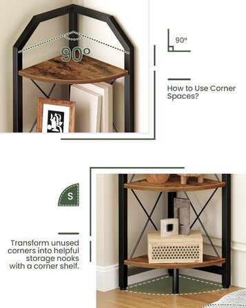 Кутова полиця з 5 полицями, промислова книжкова шафа, окремостояча підставка для дисплея, кутова полиця для ванної кімнати, підставка для рослин, для спальні, кухні, рустикальний коричнево-чорний DTCJ10BF