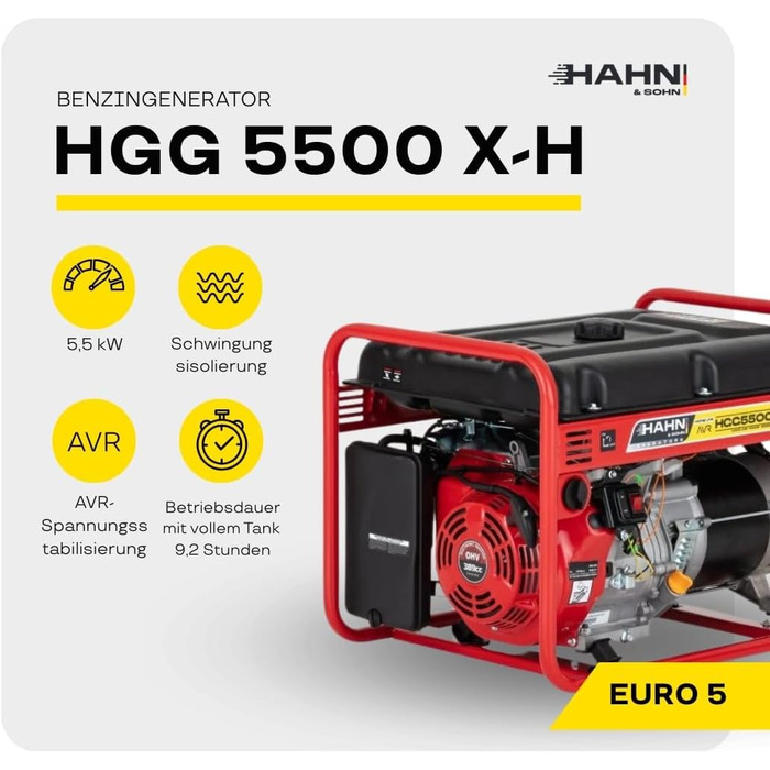 Бензиновий генератор потужністю 5 кВт Тихий генератор з автоматичним регулюванням напруги (AVR) Бак 18 л До 9,2 годин (при 50 навантаженні) роботи для комерційного та приватного використання, 96 дБ/А Бензиновий генератор потужністю 5 кВт