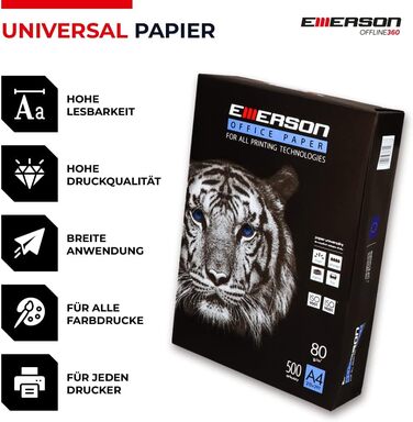 Папір для копіювання принтера Emerson TIGER A4 210 x 297 мм А4 Ксерокопний папір Білизна 146 CIE 80 г/м2 5x500 аркушів Принтер лазерний, струменевий, ксерокопійний, факсимільний Папір для ксерокопіювання