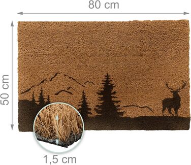 Килимок для дверей Relaxdays Coconut 80x50 см, малюнок оленя, нековзний, водонепроникний, для використання всередині та зовні приміщень, натуральний/чорний