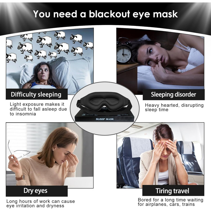 Маска для сну, маска для сну, маска для сну для чоловіків і жінок, обтяжена маска для сну, обтяжена маска для сну, чорна, 3D