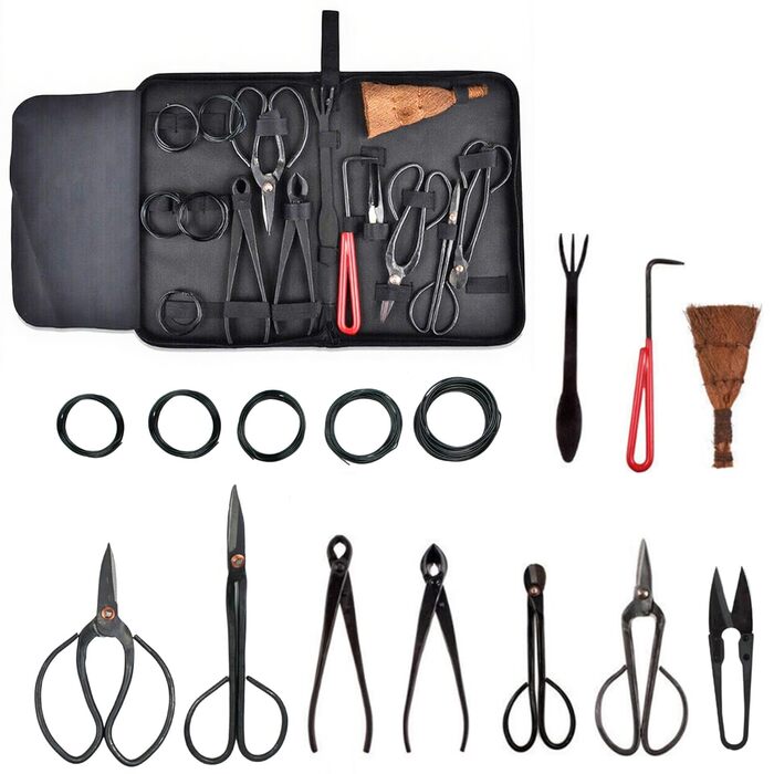 Набір садових інструментів Gartenwerk, 15 предметів, високоміцний вуглецевий сталь для догляду за садом секатор, ножиці для бонсай, дріт для формування бонсай, пінцет та стартовий набір інструментів для початківців у бонсай B