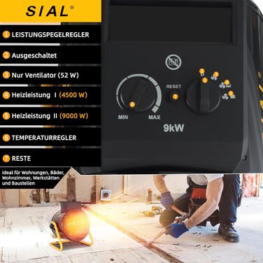 Промисловий вентилятор-обігрівач SIAL 9000 Вт, 400 В - Електричний обігрівач - Радіаційний обігрівач, Будівельний обігрівач - Вентиляторний обігрівач для гаражів, майстерень, будівельних майданчиків - D9 - Чорний 9 кВт Чорний
