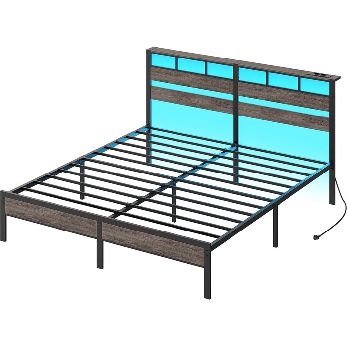 Ліжко HOOBRO 180 x 200 з рейковою основою, двоспальне ліжко з узголів&39ям, світлодіодне освітлення, зарядна станція (2AC, 2USB-A), каркас ліжка 180 x 200 см, металеве ліжко для спальні/гостьової кімнати, антрацит EBC80CDBF01 180 x 200 x 103 см
