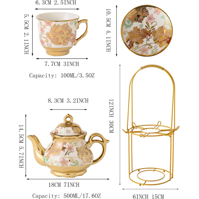 Позолочений керамічний чайний набір із червоної троянди, вінтажний чайний набір із чайником, гарний чайний набір на 6 осіб (рожевий, середній) середньо-рожевий