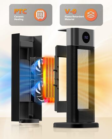 Енергозберігаючий вентилятор-обігрівач, керамічний вентилятор-обігрівач PTC потужністю 2000 Вт, кімнатний обігрівач з термостатом, дистанційним керуванням, коливаннями 70, таймером 12 годин, захистом від перегріву та перекидання, електричний обігрівач для