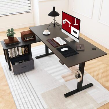 Письмовий стіл з регульованою висотою, електричне регулювання висоти, L-подібний, з шухлядами та відділенням для зберігання, двосторонній, ергономічний стіл для роботи сидячи та стоячи, 160 x 70 см, чорний