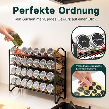 Набір полиць для спецій з 28 баночками для спецій та 120 етикетками - Органайзер для спецій для кухні та шафи - Настінна або окремостояча полиця для спецій - Повна система зберігання спецій (чорний колір)