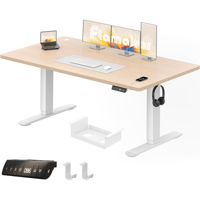 Письмовий стіл з регульованою висотою 160 x 80 см, електрично регульований стіл з функцією пам&39яті, комп&39ютерний стіл з організацією кабелів, стіл для роботи стоячи, офісний стіл, бежевий 160 x 80 см