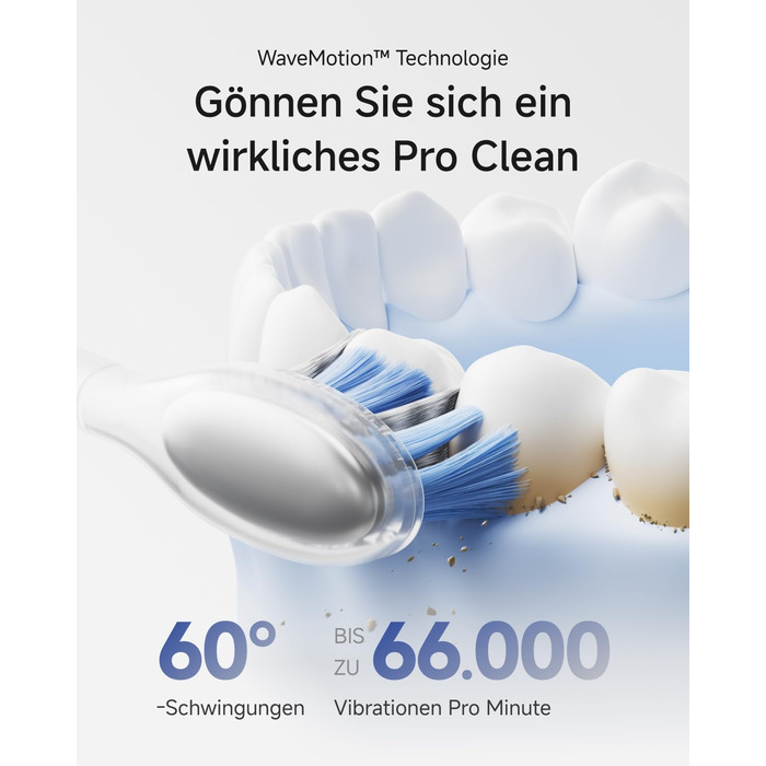 Звукова зубна щітка з 6 режимами чищення та акумулятором на 70 днів, 60 осциляції, контроль тиску, 2 інтелектуальні насадки (ABS Білий)