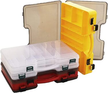 Двосторонній ящик для рибальських снастей, пластиковий ящик для рибальських снастей, ящик для зберігання рибальських аксесуарів з відділеннями, водонепроникний портативний ящик для рибальських аксесуарів для любителів риболовлі (29Д x 19Ш x 5,8В см, жовти
