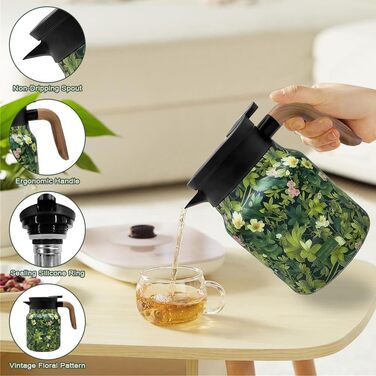 Термос 1000 мл з чайним інфузером, вінтажний квітковий візерунок для чаю, термос з вінтажним квітковим візерунком, вакуумний чайник, підігрівач для кави з квітковим візерунком для гарячих напоїв